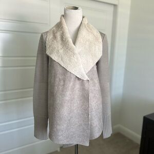 BNCI Blanc Noir Taupe Gray Shearling Sweater Jacket Size Small